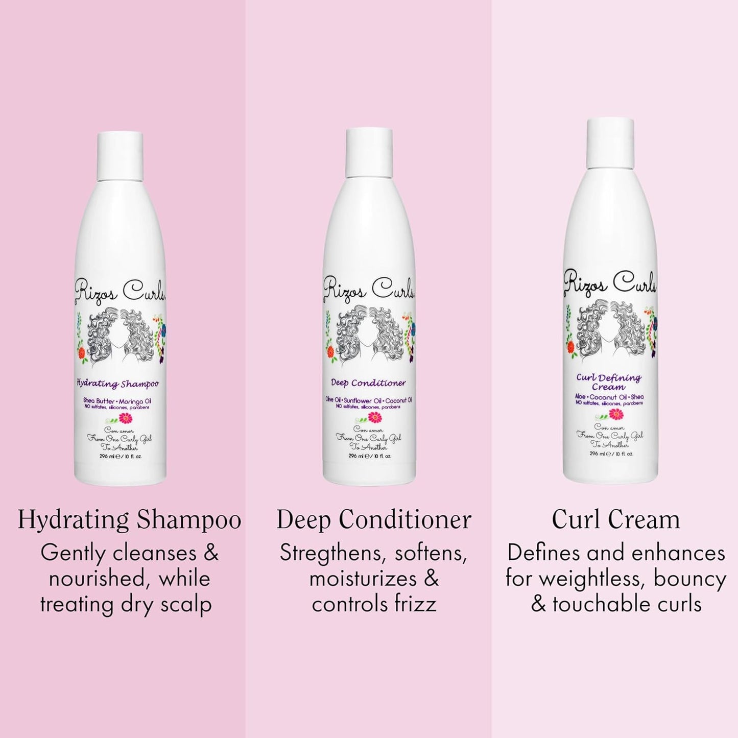 Rizos Curls Trio Bundle, Hydrating Shampoo & Deep Conditioner & Curl Cream Bundle, Gently Cleanse and Hydrate Curly Hair, Style & Define Curls for Frizz Free Volume, For All Curl Patterns 2a - 4c