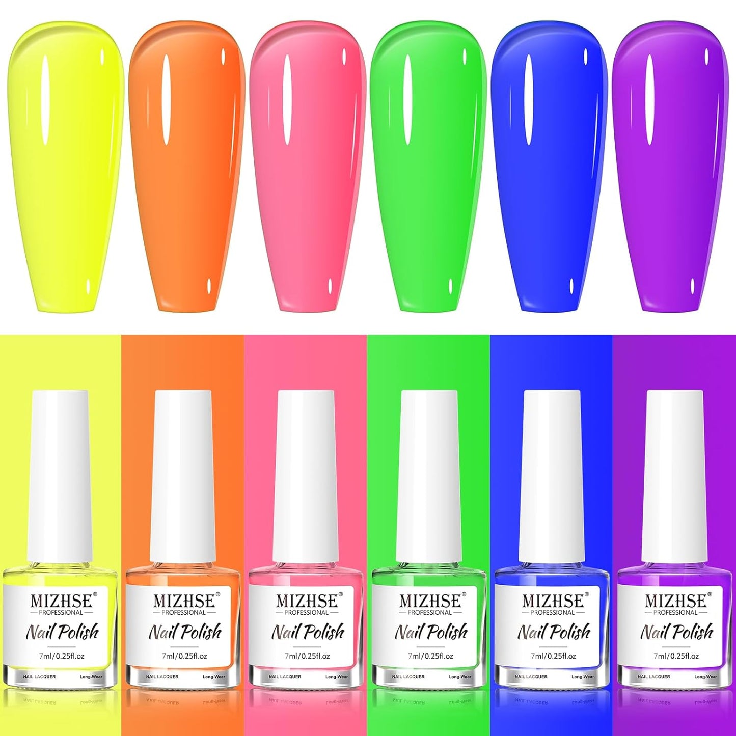 MIZHSE Quick Dry Nail Polish Set: Neon Colors Nail Polish Air Dry Fast, Fluorescent Fingernail Polish Non-Gel Yellow Orange Green Fast Drying Nail Lacquer Gift for Women Girls