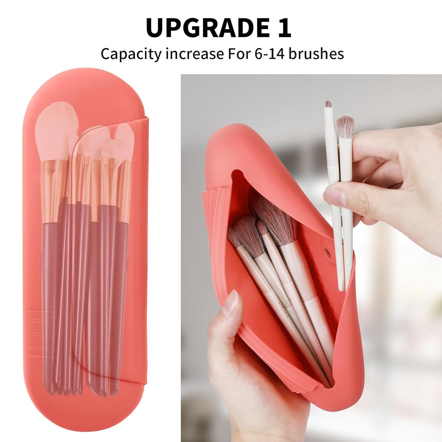 Silicone Makeup Brush Holder Travel Cosmetic Bag：Soft Portable Cosmetic Face Brushes Holder with Upgrade Anti-Fall Out Magnetic Closure, Large Travel Makeup Brush Case - Guava
