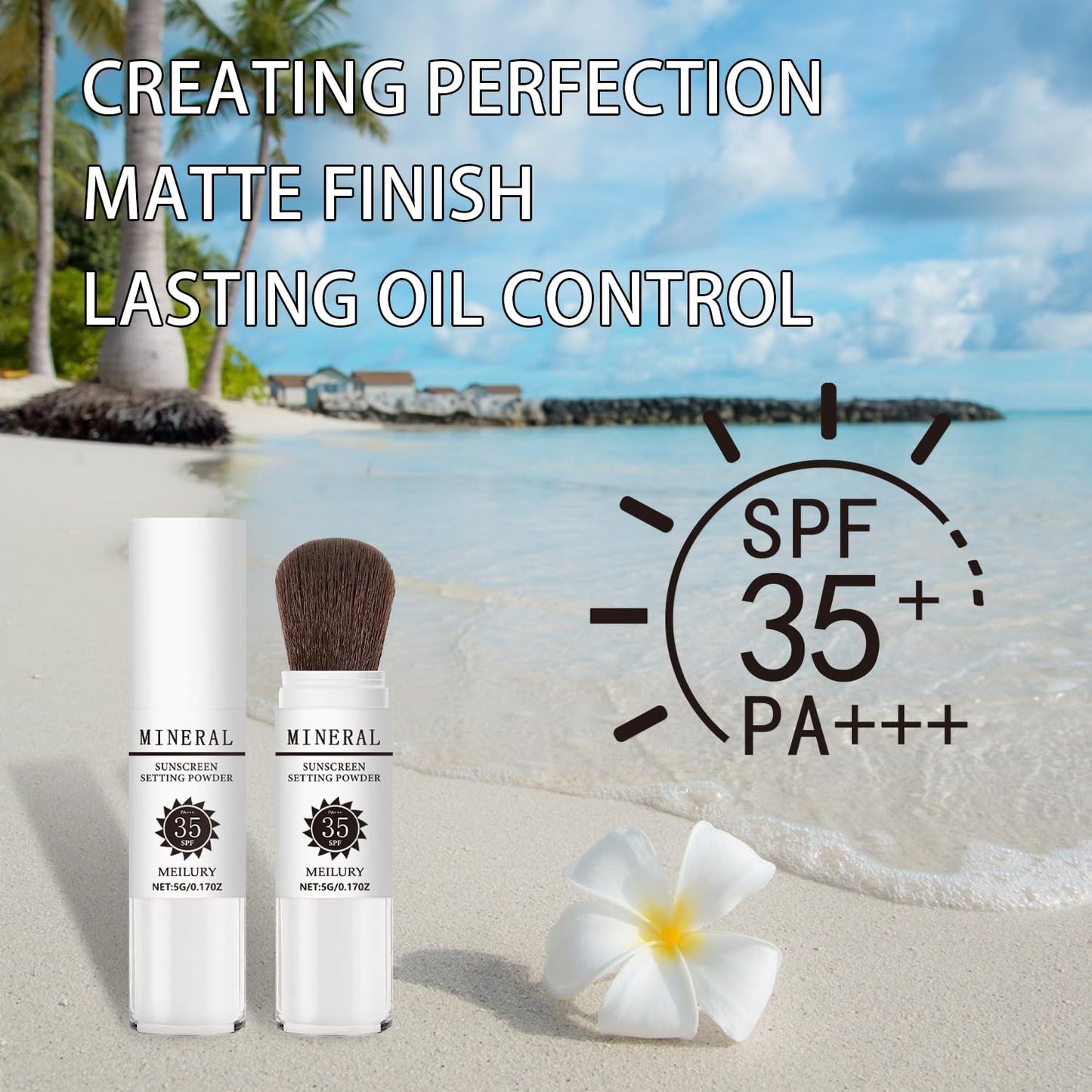 Sunscreen Setting Powder SPF 35, Mineral Brush Powder for Face & Scalp, Oil Control Natural Matte Finish Loose Powder Translucent Lasting Lightweight Breathable for All Skin (03# White)