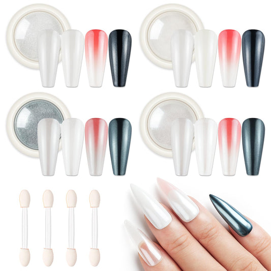 AIMEILI Pearl Chrome Nail Powder, Vegan, Cruelty Free, 4 Colors Aurora Metallic Holographic Mirror Effect Nail Art Pigment Iridescent Shell Glitter Nail Art