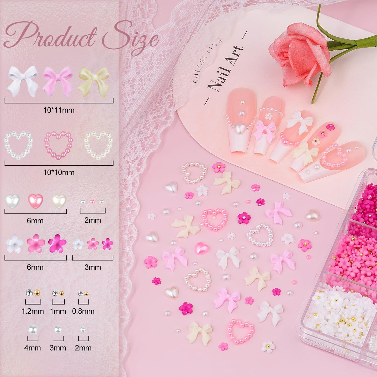 3D Nail Charms and Gems Set 8 with Rhinestone Glue, 20PCS Chunky Butterfly Charms + 75PCS Coquette Nail Bows and Hearts + 3D Flowers with Crystals, Pearls, Diamonds and Picker Tools for Y2K Nail Decor