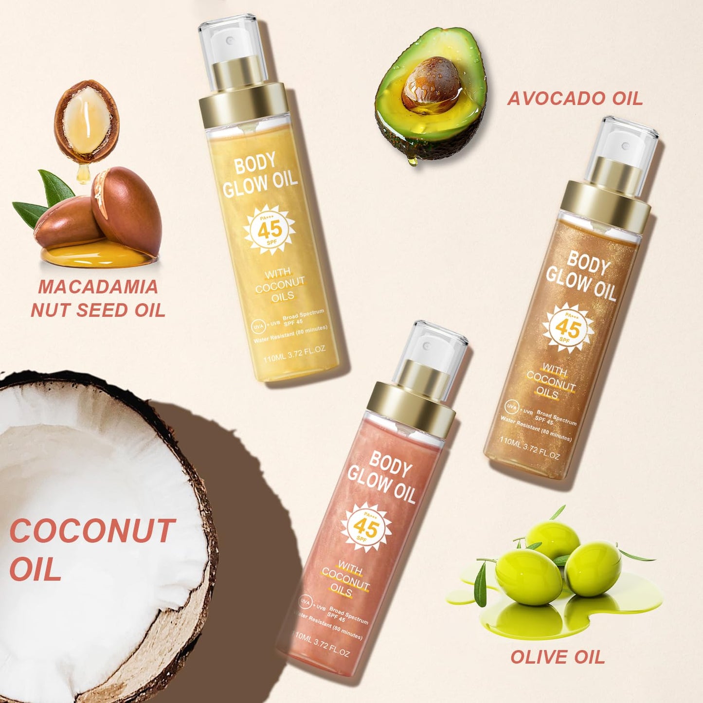 Body Glow Oil, Sunscreen Shimmer Oil, SPF 45 Broad Spectrum, Body Oil with with Coconut Oils, Moisturizing Glow for Face & Body, Liquid Illuminator Highlighter, Water Resistant, 3.72 fl oz (#3 AMBER)