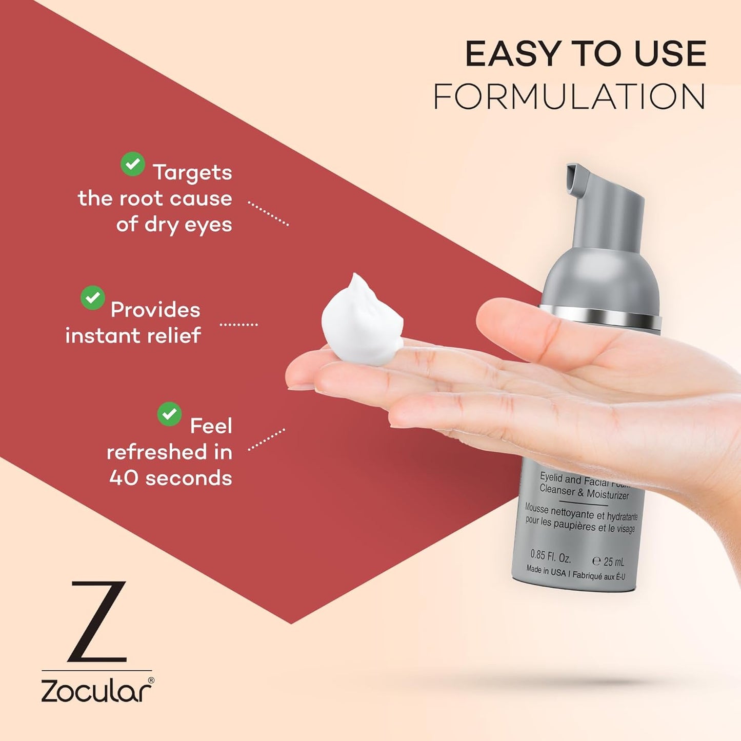 ZocuFoam Eyelid Cleanser - Foaming Eyelid Scrub - Natural pH Balanced Solution - 25mL
