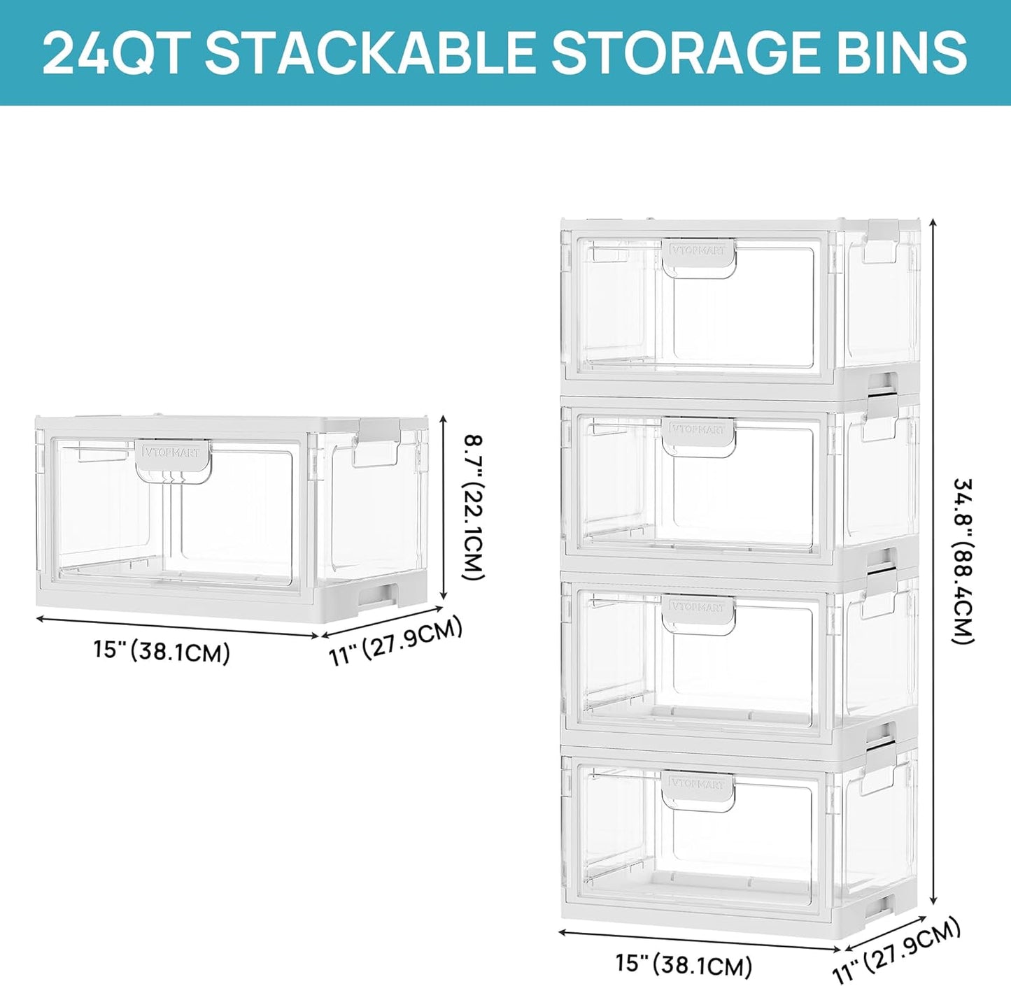 Vtopmart 1 Pack Stackable Storage Bin with Lid,24QT Clear Foldable Closet Organizer with Front-Open Doors,Plastic Storage Containers for Living Room, Bedroom, Craft Room, Dorm Organization