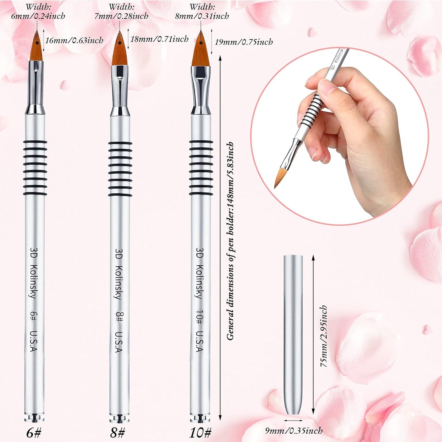 Patelai 3 Pcs Kolinsky 3D Nail Art Brush Set for Acrylic Powder Sculpture Nail Art Brush Size 6/8/10 with silver Metal Nonslip Grip Handle for Acrylic Powder Application