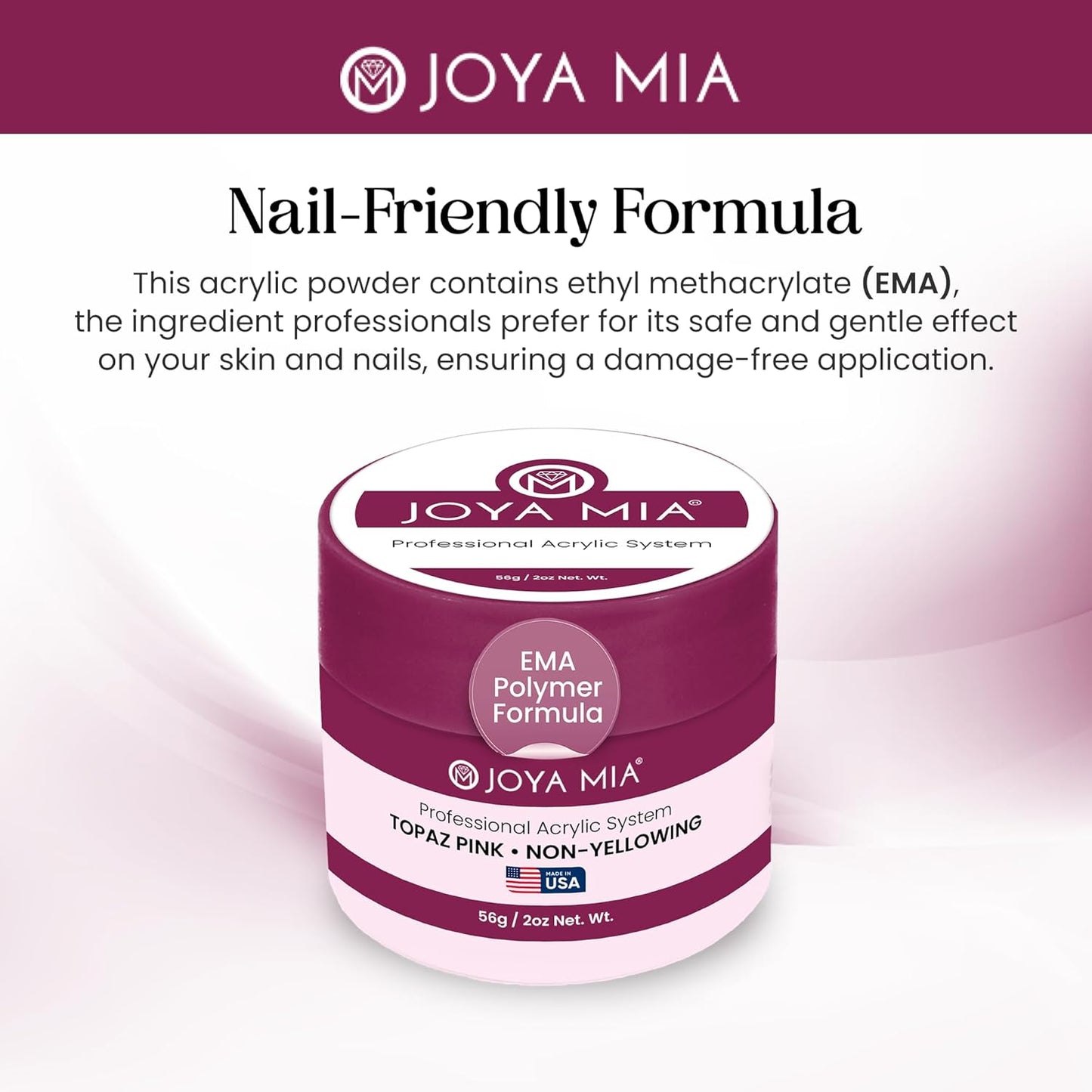 Joya Mia Acrylic Powder for Nails, MMA-Free, Super Adhesion Professional Powder for Flawless & Long-Lasting Nail Enhancements, Easy Application, Vibrant & Stunning Colors - Topaz Pink, 2 oz