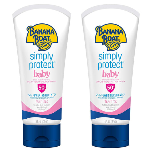 Banana Boat 100% Mineral Baby Sunscreen Lotion SPF 50 Twin Pack | SPF 50 Sunscreen for Babies, Baby Sunblock Lotion, Oxybenzone-Free, 6oz each