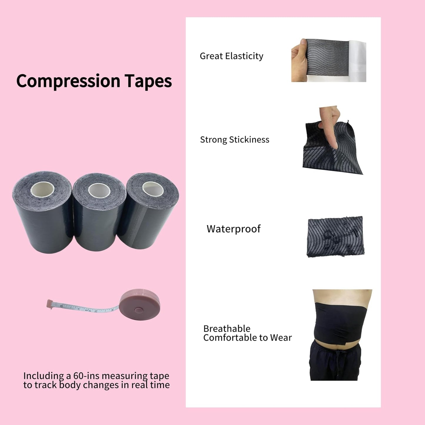 Body Stomach Compression Tape- Extra Wide Kaotic Tape for Body Shaping& Workout& Sweater Enhancer& Skin Protection (Black/10CM*5M) (3 Rolls)