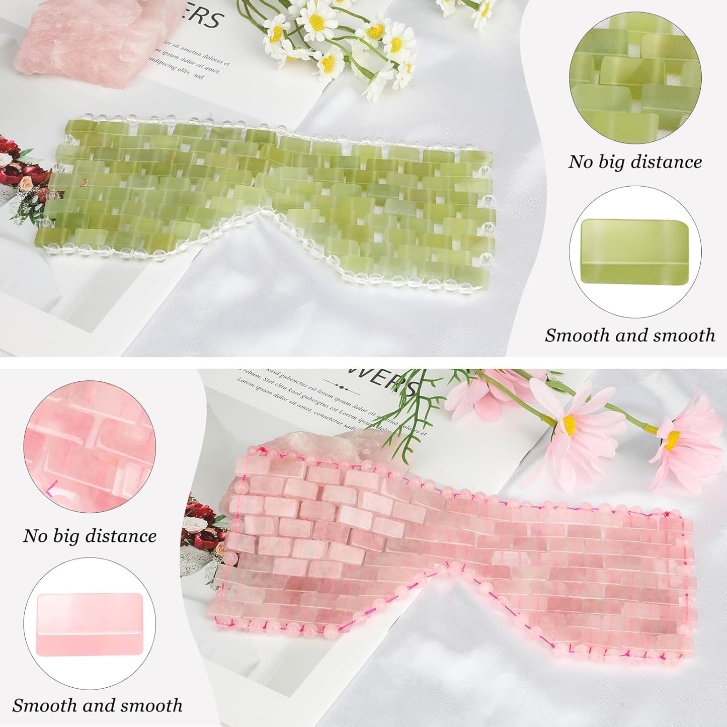 Natural Jade Eye Mask and Rose Quartz Eye Mask Set - Soothing & Relaxing Alleviate Puffiness and Migraines with Cooling and Warming Therapy (2 Pcs)