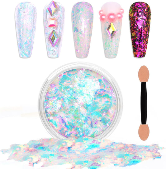 Laza Monet Garden Chameleon Flakes Nail Glitter Irregular Opal Nail Foil Flakes Chunky Confetti Color-Shift Sequins Iridescent Fairy Dust for Mermaid Nails Design, Nail Decorations for Nail Art