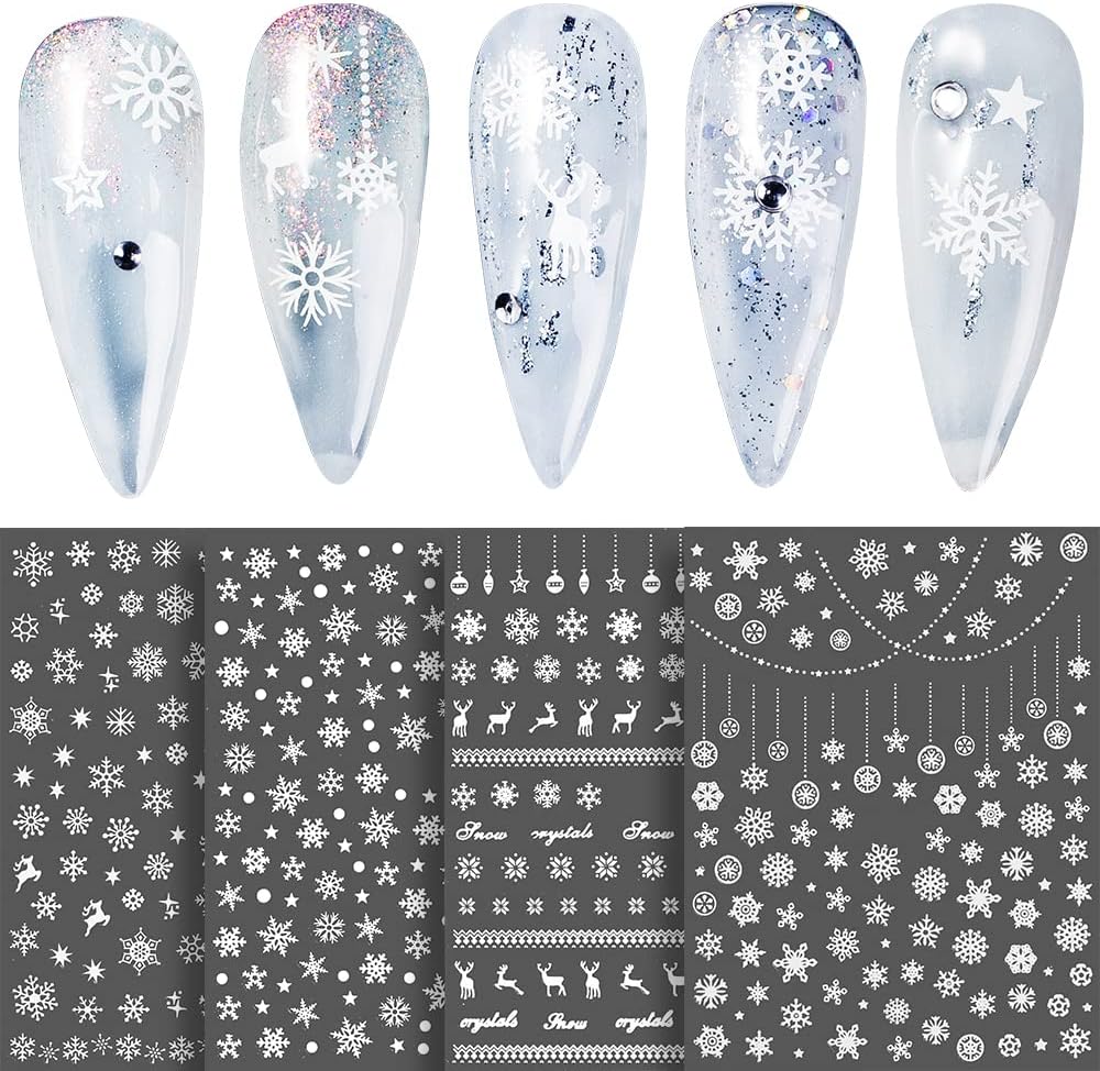 Snowflake Nail Stickers 10 Sheets Christmas Snowflake Nail Decals 3D Self-Adhesive Winter Theme Nail Sticker White Nail Art Design Decals DIY Nail Decoration Supplies for Women Girls