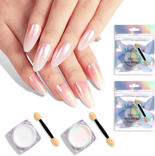 MelodySusie 2Pcs Chrome Nail Powder for Gel Nails, Pearl and Aurora Powder Mirror Effect Pigment Pearlescent Mermaid Pigment Pearl Glitter for Home DIY Salon Use
