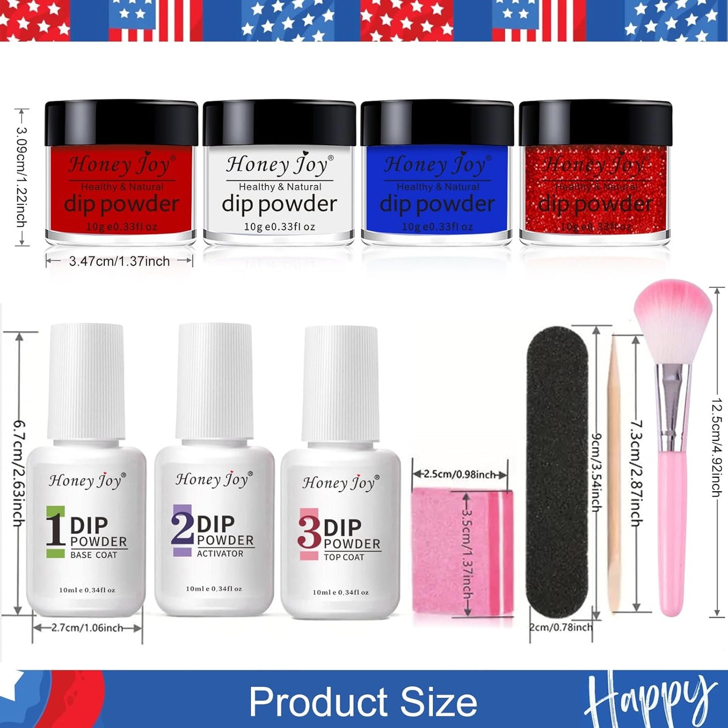 Honey Joy Dip Powder Nail Kit Starter,4 Colors Red White and Blue Nails Fourth of July Firework Dipping Powder Liquid Set with Base Top Coat for Nail Art Manicure Salon DIY, Dip-7pcs-12