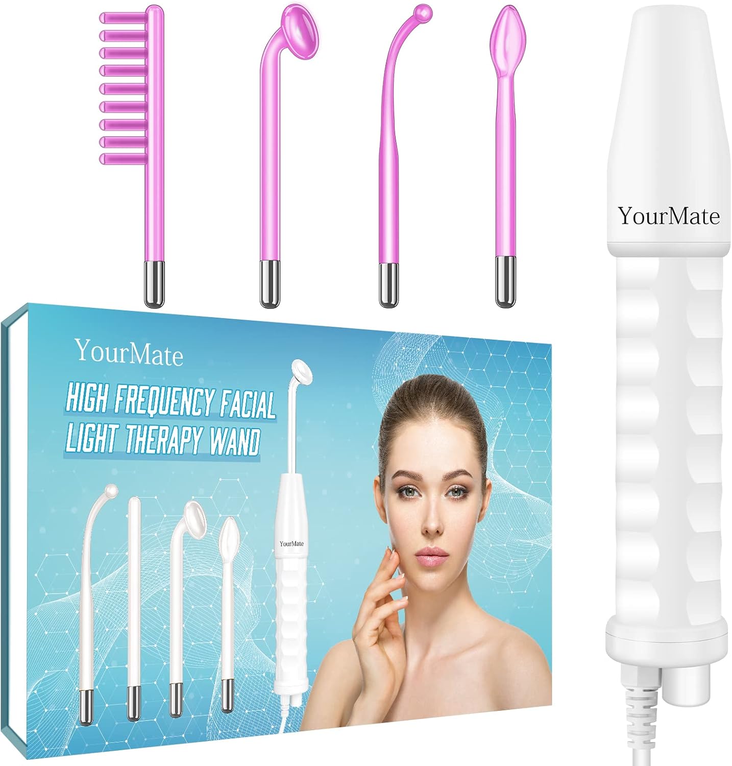 YourMate PhotoTherapy Device High Frequency Facial Wand Machine with Argon Tubes for Face Chin Neck Hair, Facial Skin Wand Machine with 4 Different Tubes