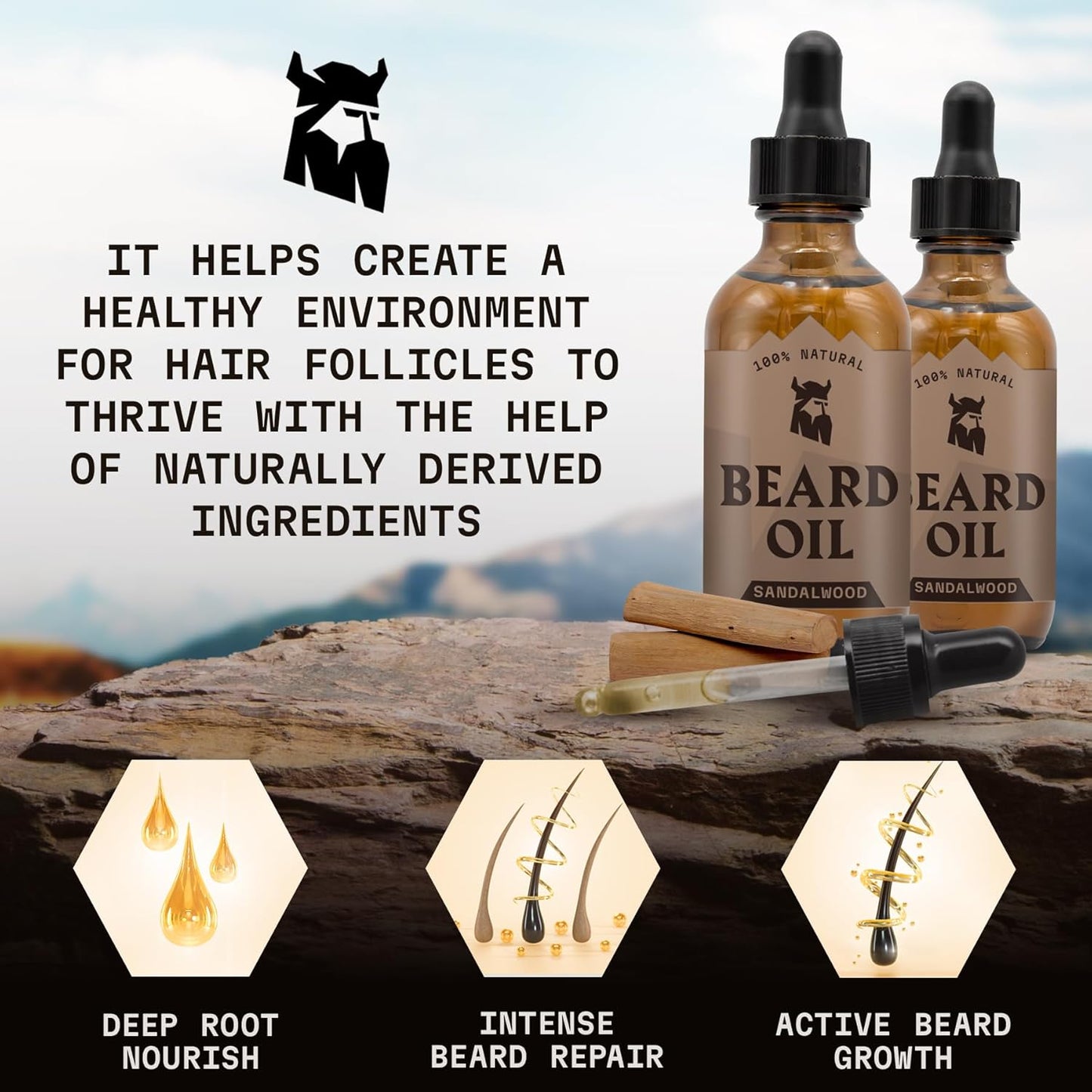 Striking Viking Beard Oil for Men - 2 Fl Oz, 2 Pack, Sandalwood Scent - Naturally Derived Conditioner with Almond, Tea Tree, Argan & Jojoba Oil for Beard Growth, Softening & Moisturizing