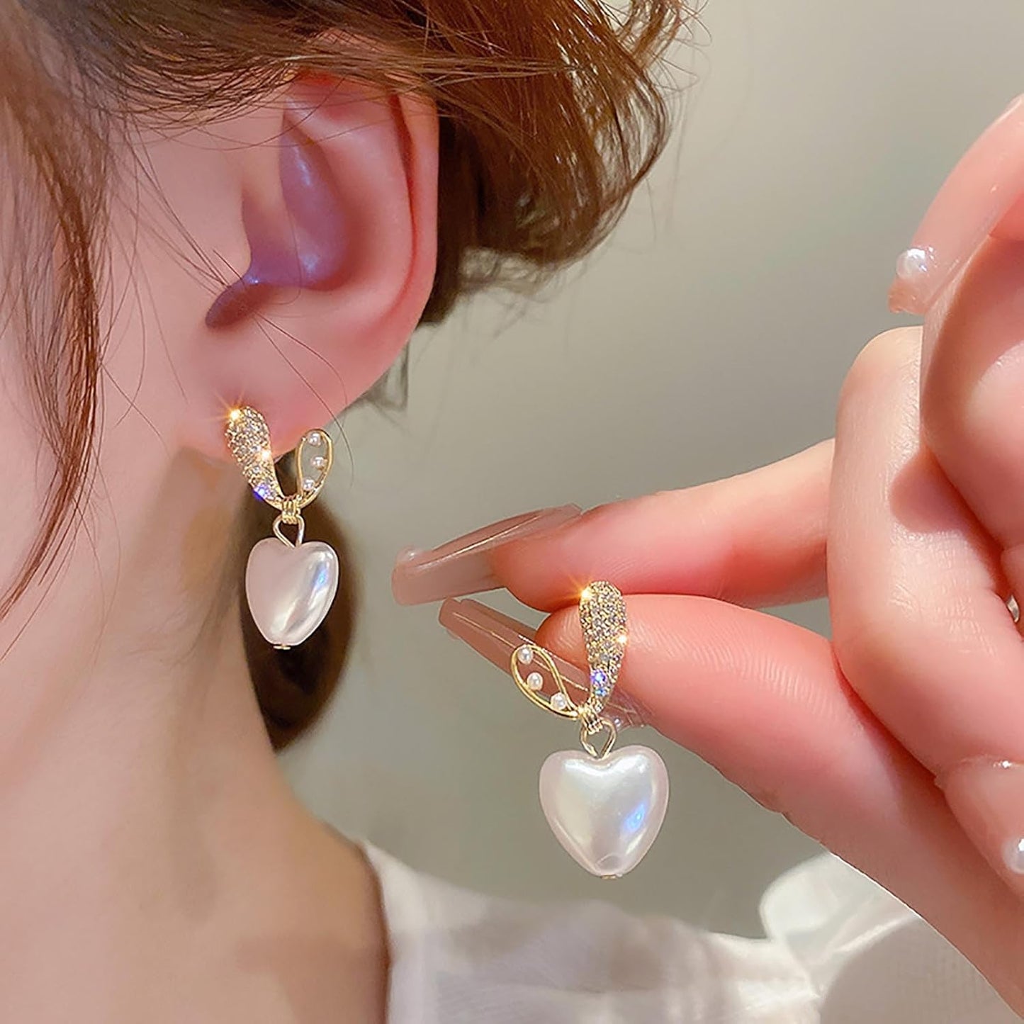 Vintage Pearl Heart Drop Earrings Rhinestone Pearl Stud Earrings Gold Cz Pearl Heart Earrings Crystal Heart Dangle Earrings Jewelry for Women