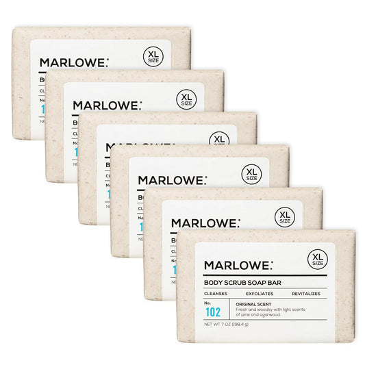 MARLOWE. No. 102 Body Scrub Soap 7 oz (6 Bars) Exfoliating Soap Bar with Shea Butter, Olive Oil & Green Tea, Cleanses & Smooths, Sage & Fir Scent