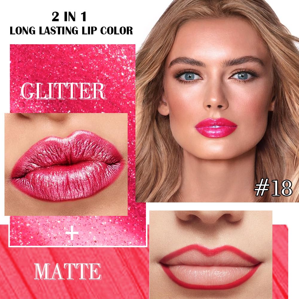 evpct Crushed Ruby Red Metallic Glitter Lip Liner and Lipstick Combo Lip Gloss Stain Set Makeup for Women Long Lasting Waterproof 24, Red Frosted Metallic Shimmer Glossy iridescent Liquid Lipstick 18