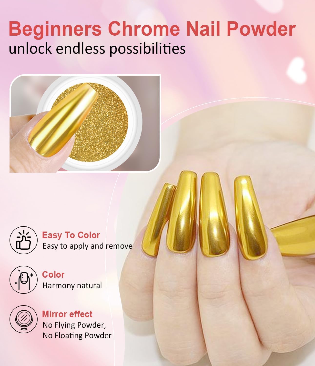 Gold Chrome Nail Powder - Metallic Mirror Effect Nail Chrome Powders Silver Chrome Powders for Nails Glitter, Pigment Holo Chrome Gold Nail Powder with 4 Eyeshadow Sticks