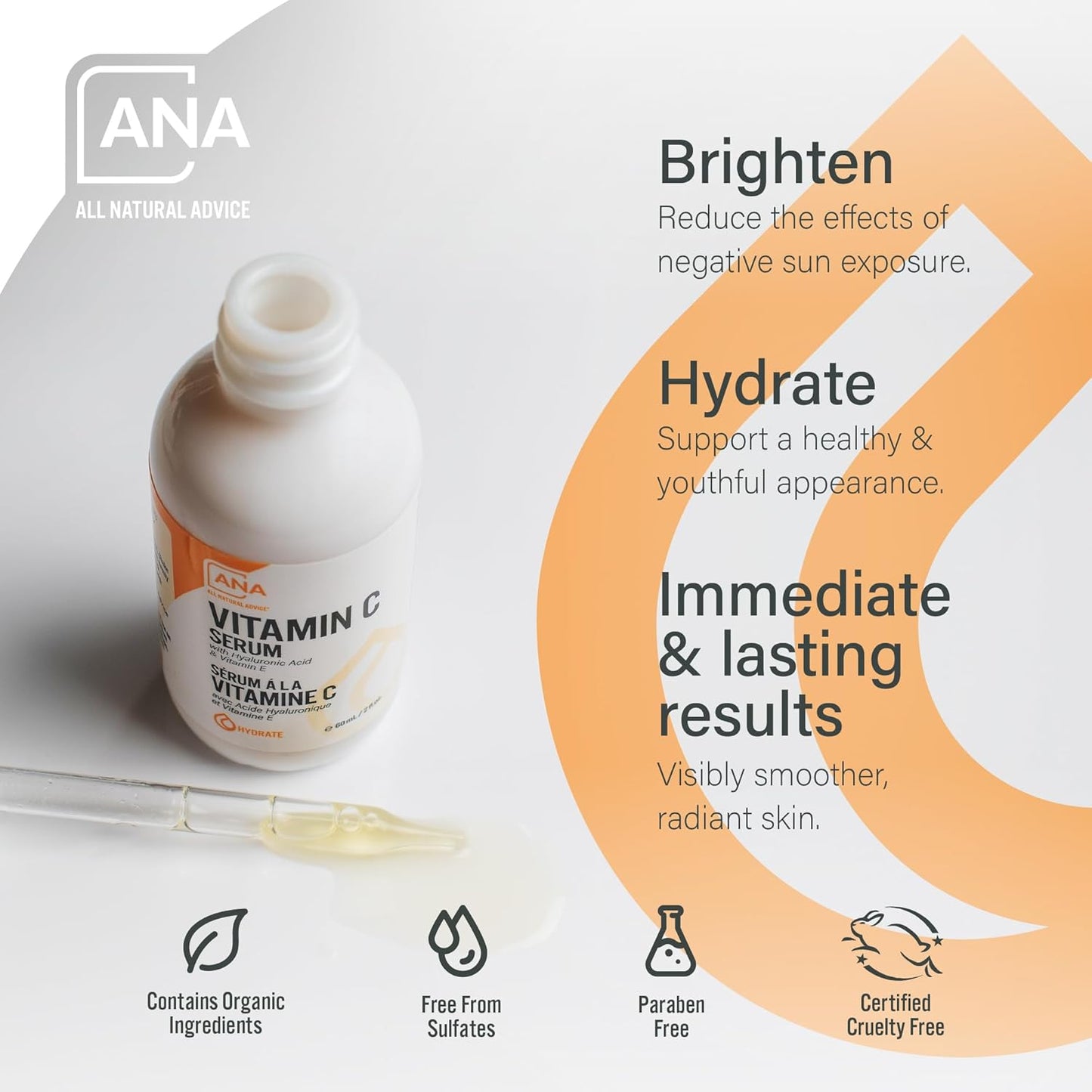 All Natural Advice Vitamin C Serum 60mL | 20% Vitamin C Face Serum Solution with Organic Botanicals, Hyaluronic Acid & Vitamin E | UV-Shielding Glass Bottle, Spray & Dropper | Canadian Skin Care