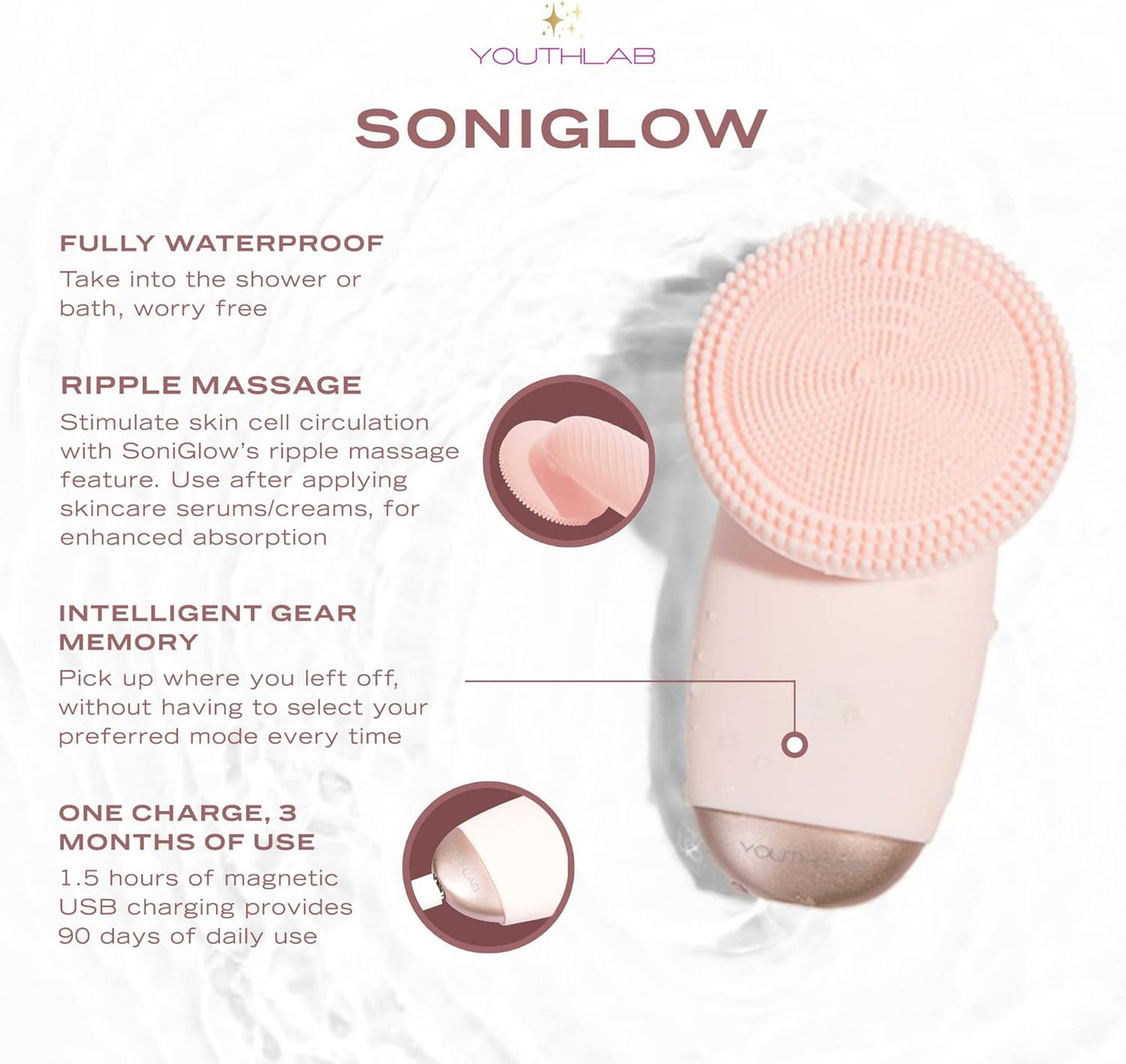 SoniGlow Silicone Facial Cleansing Brush – Electric Vibrating Skincare Scrubber Tool for Deep Pore Cleansing, Gentle Massage, Makeup Removal, Waterproof and Rechargeable (Pink)