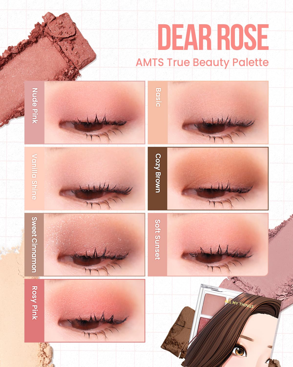 AMTS True Beauty Dear Rose Eyeshadow Palette, Matte Shimmer Glitter Highly Pigmented, Long Lasting, Cheek blush, K Beauty, Korean makeup