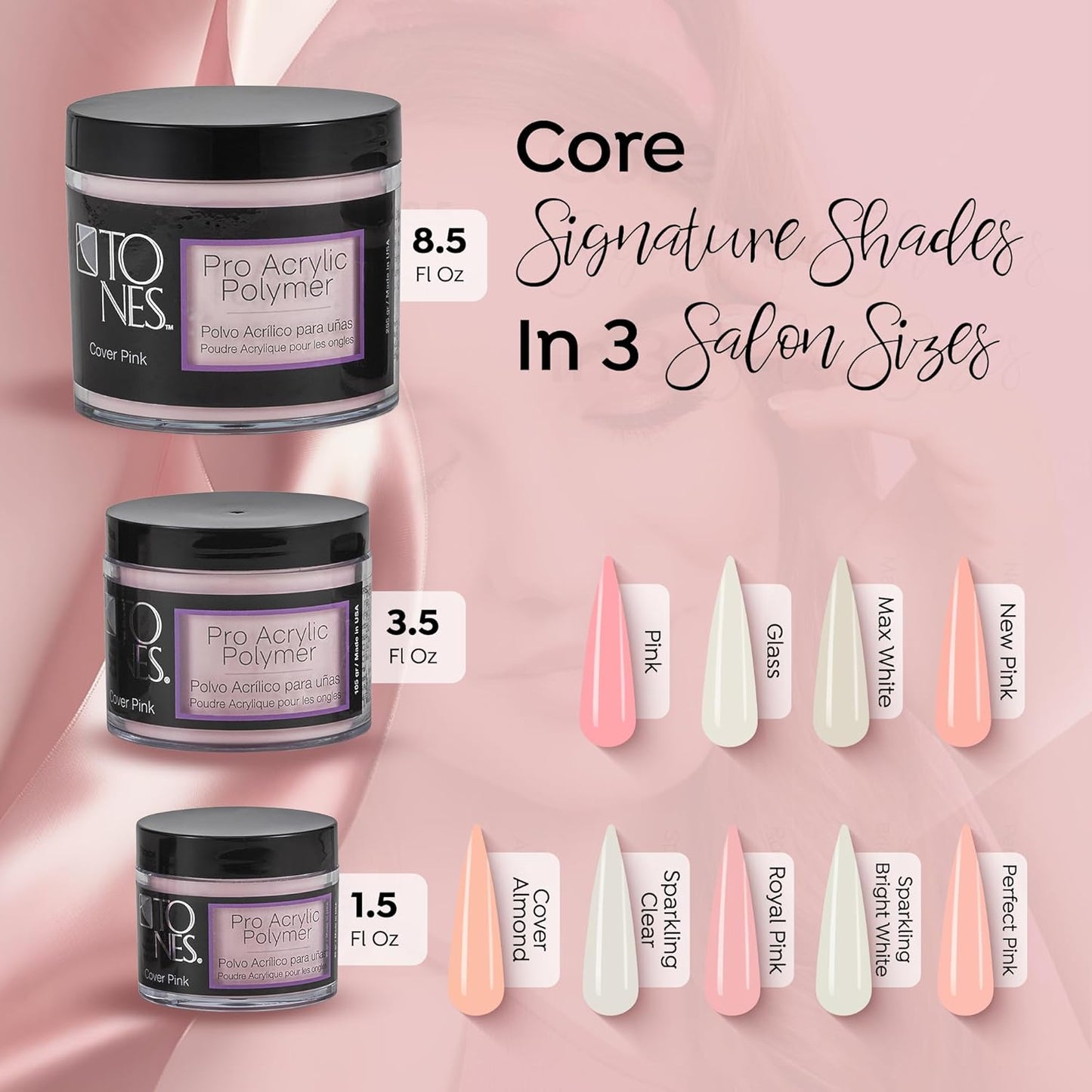 Tones Pro Acrylic Nail Powder, Cover Pink (Soft Nude Pink), (8.5 Fl Oz) - Long-Lasting & Non-Yellowing Polymer for Salon Quality Nail Extensions & 3D Art