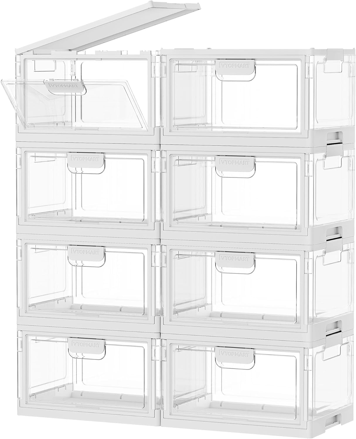 Vtopmart 8 Pack Stackable Storage Bins with Lids,24QT Clear Foldable Closet Organizer with Front-Open Doors,Plastic Storage Containers for Living Room, Bedroom, Craft Room, Dorm Organization