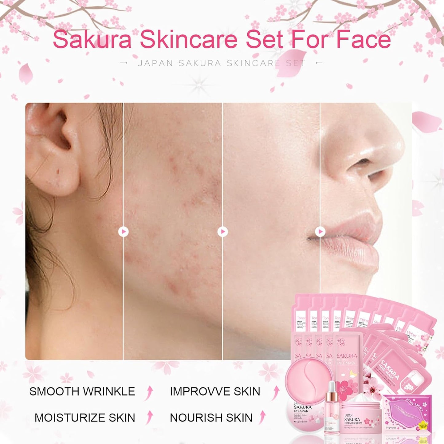 Skincare Set for Teenage Girls, Japan-Sakura Skin Care Products Set, Skin Care Sets & Kits, Cleanser, Toner, Serum, Cream, Sleep Mask,Eye Mask,Mud Mask,Lip Mask Beauty Products Daily Face Care 24PCS