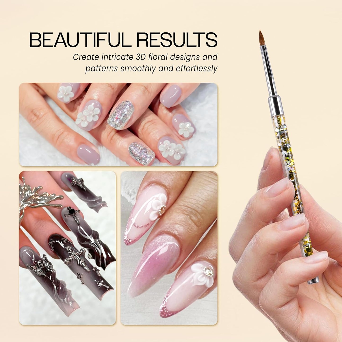 PANA Kolinsky 3D Acrylic Nail Brushes with Liquid Glitter Handle - For Professional Acrylic Powder Liquid Manicure Pedicure (Gold Color, Size #5)