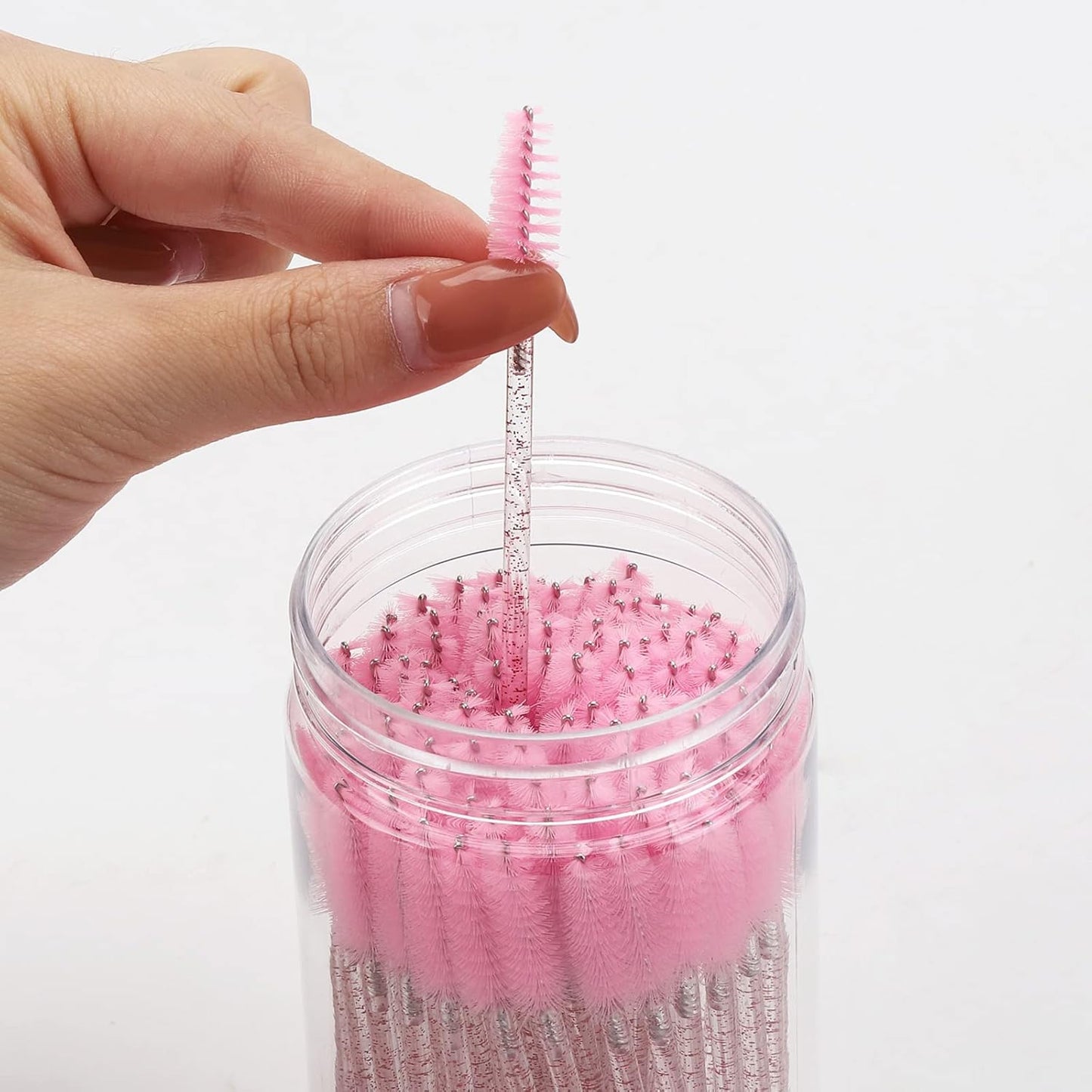 100 Pcs Disposable Mascara Wands, Lash Brushes with Container, Crystal Eyebrow Spoolies Brush for Eyelash Extensions (Pink, Hotpink)