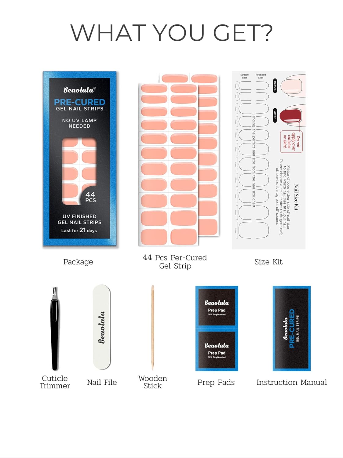 Pre Cured Gel Nail Strips - 44PCS Salon Quality Gel Nail Stickers - Long Lasting Polish Wraps for Women no UV Light Needed Easy Apply& Remove (Desert Sand Nude)