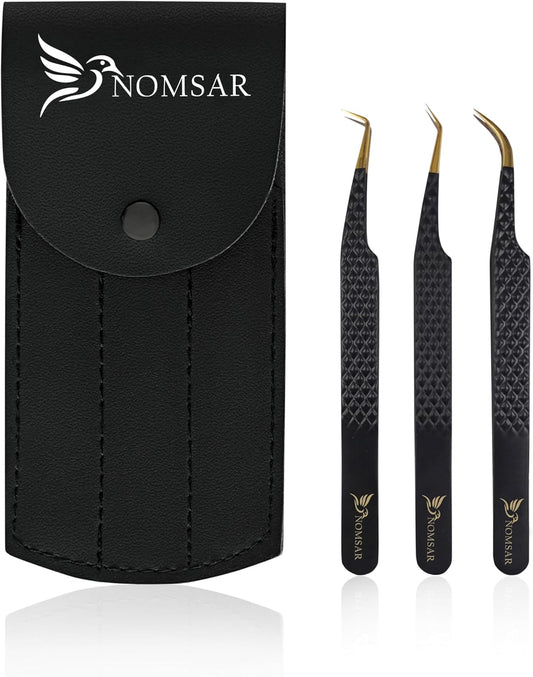 Eyelash Extensions Tweezers, Set of 3 - Stainless Steel with Diamond Grip for Volume lash Extension - Fiber Tip Tweezers for Multipurpose & Application (Black)