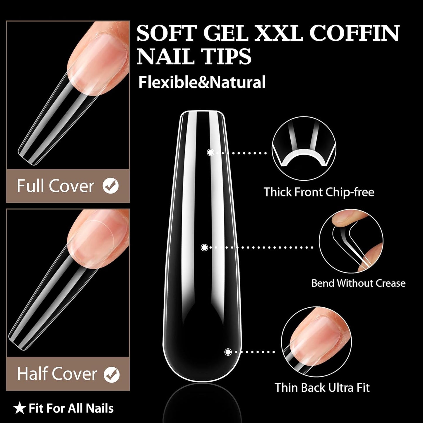 UNA GELLA XXL Coffin Nails Tips Full Cover 216pcs Extra Long Coffin Nail Tips No C Curve Clear Coffin Ballerina Nail Tips False Fake Acrylic Nails for Nail Extensions DIY Art Salon