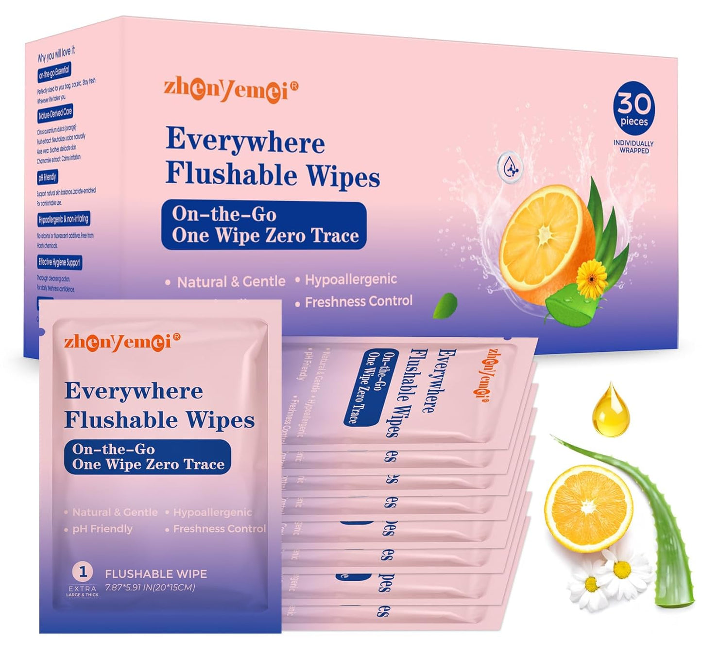 Thickened Flushable Wipes 30 Counts - ON-THE-GO Individually Wrapped for Women Men I Wet Wipes for Butt Travel Toilet Bathroom Thicker & Big for Adult Oranea Dulca & Aloe - Septic Sewer Safe