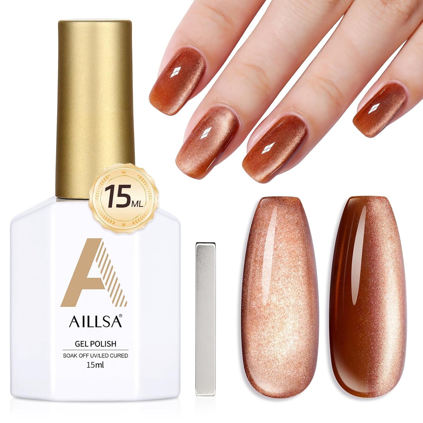 AILLSA Cat Eye Gel Nail Polish Brown Glitter Gold Gel Polish with Magnet, Amber Nude Shimmer Gel Polish Crystal Reflective Jelly Winter Color Translucent UV Gel Salon DIY at Home 0.5 OZ GF24