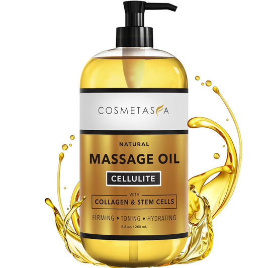 Cellulite Massage Oil with Collagen & Stem Cells- 100% Natural Anti Cellulite Oil, Assists with Firming, Toning & Moisturizes Skin 8.8 oz. by Cosmetasa