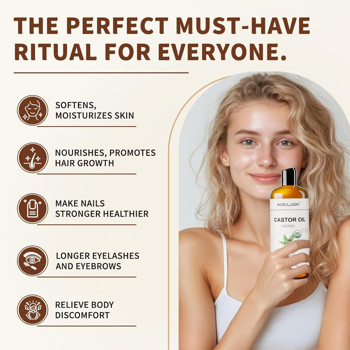 Organic Castor Oil 16 oz, 100% Pure Cold Pressed Castor Oils for Hair Growth, Eyebrows, Eyelash, USDA Certified Castor Carrier Oil for Body, Skin & Face Moisturizer, Hexane-Free