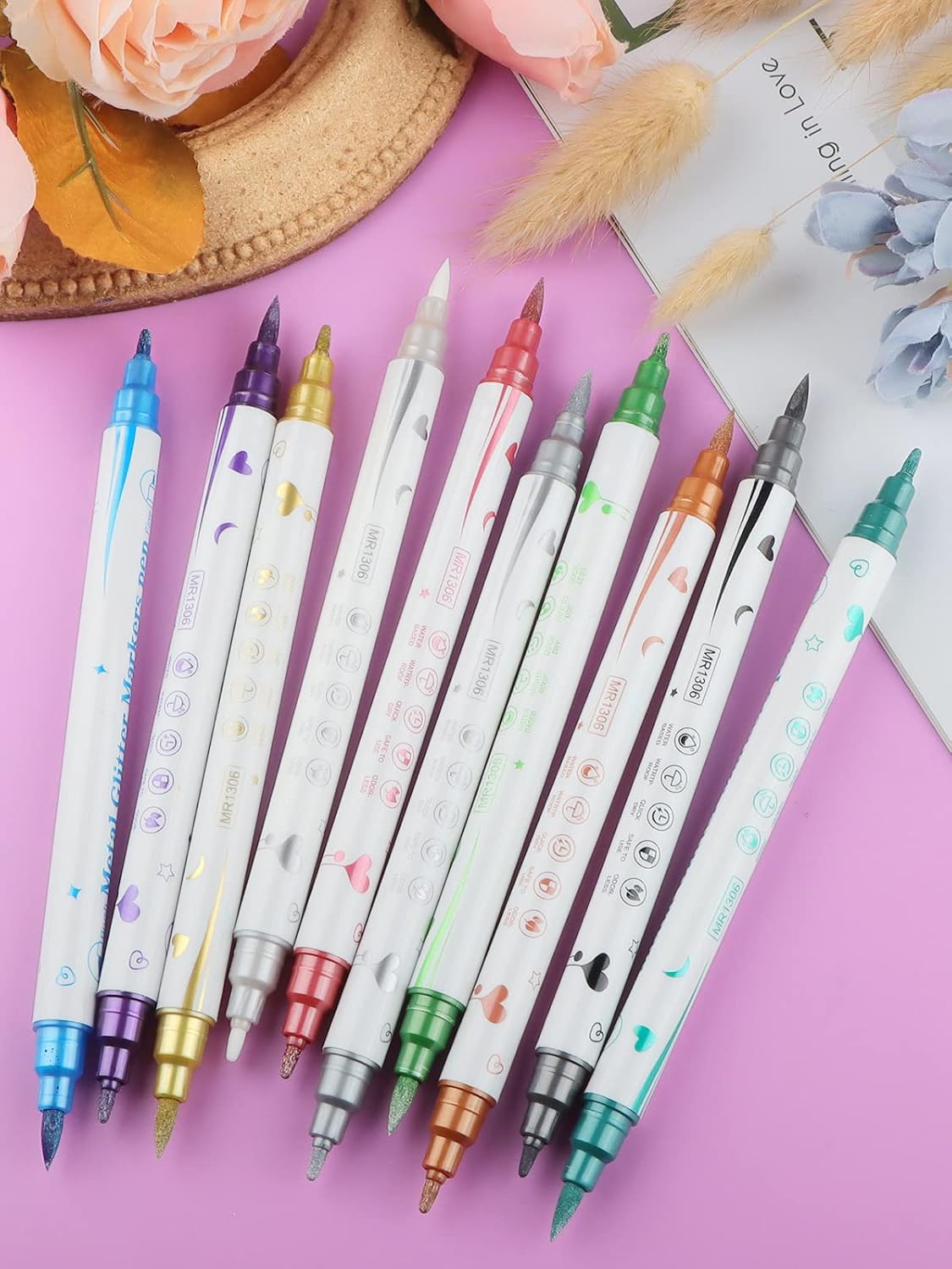 10 Color Metal Giltter 3D Nail Art Pens Set, Kalolary Double-ended Nail Point Dotting Pen Drawing Painting Liner Brush for DIY Nail Art Beauty Adorn Manicure Tools(G)