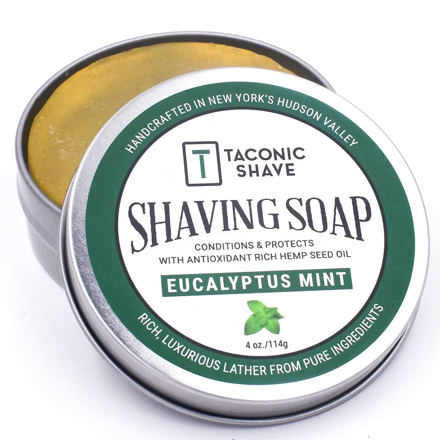 Taconic Shave Eucalyptus Mint Scent Shaving Soap – Invigorating Eucalyptus Menthol Aroma – Barbershop Quality Puck with Natural Oils – Cooling Lather – Made in USA