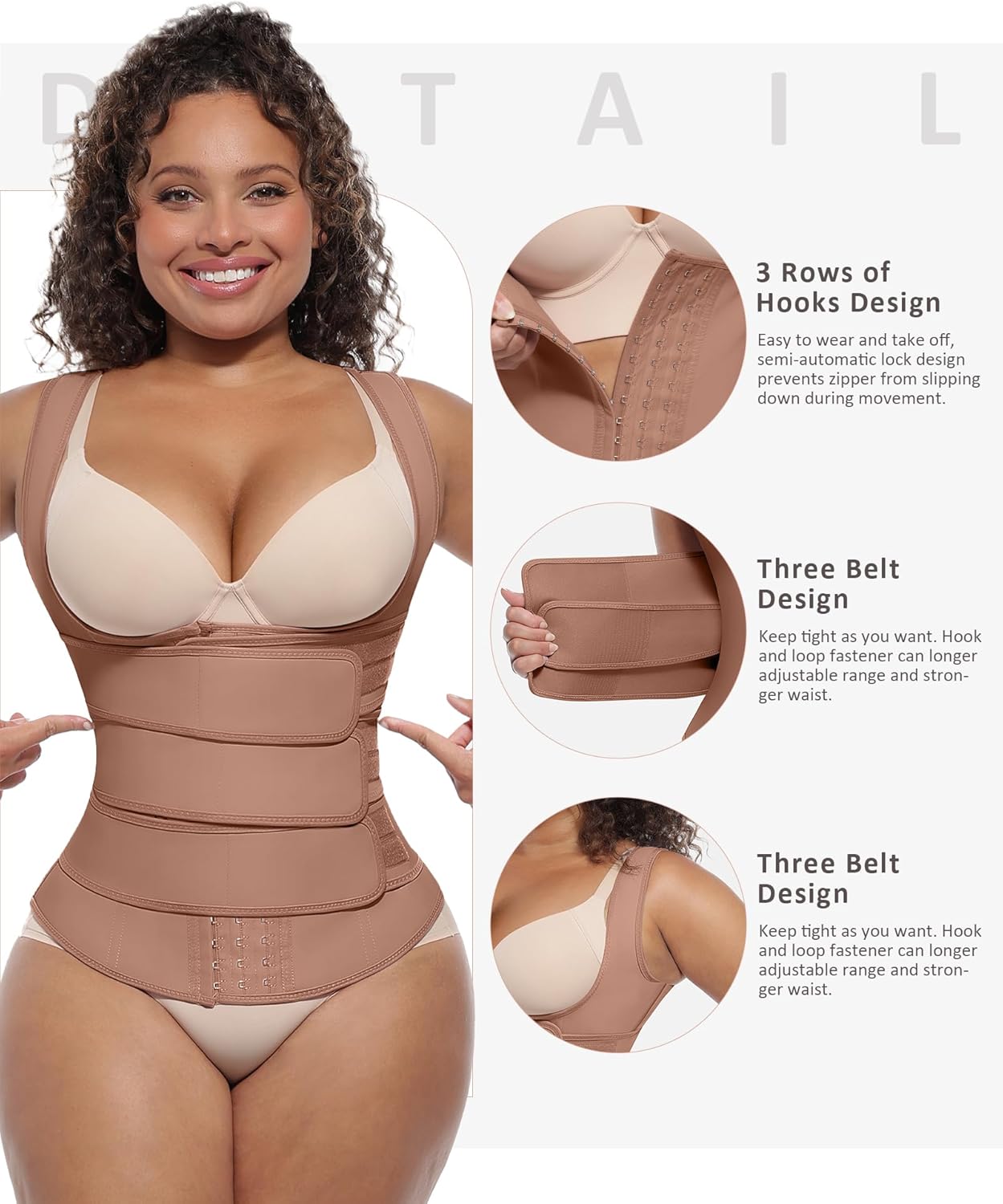 FeelinGirl Waist Trainer for Women Latex Waist Trainers Vest Plus Size Waist Cincher Corset 3 Belts Hooks Steel Bones