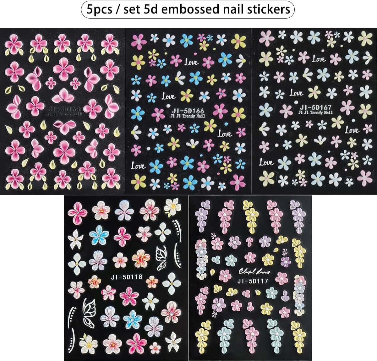 5D Embossed Flower Nail Stickers, 5PCS Colorful Floral Nail Art Stickers Pink Cherry Blossom Hibiscus Daisy Nail Decals Self-Adhesive Pegatinas para Uñas Spring Summer Decoration