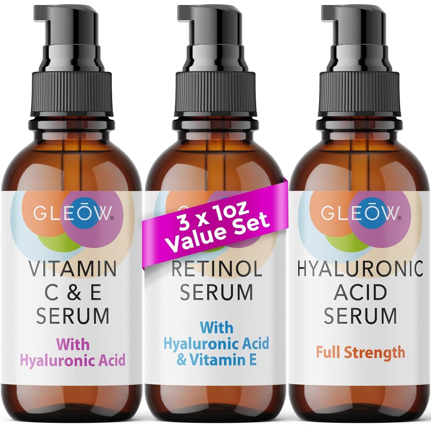 Retinol Serum for Face, Vitamin C with Hyaluronic Acid Face Serum for Women and Men, Glow Skin Care Set Total Package Targets Appearance of Uneven Skin Tone and Dryness 3x1oz