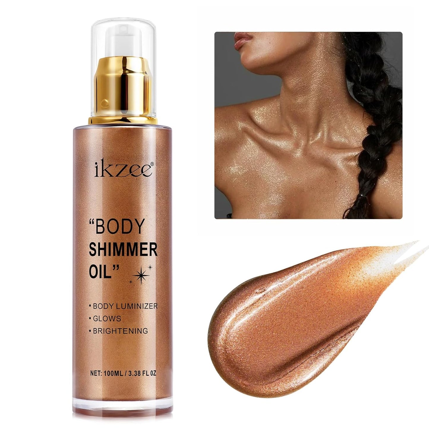 Shimmer Oil 100ml, Moisturizing Long Lasting Body Luminizer Face Brighten, Waterproof Liquid Illuminator Glow, Glitter Oil Highlighter Summer Glowing Makeup (#03 Bronze Gold)
