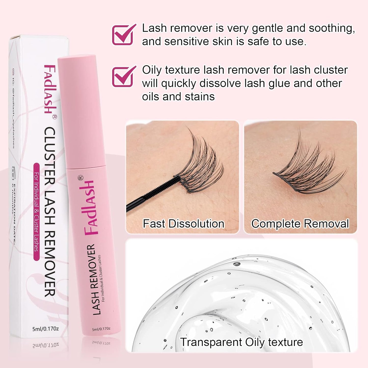 FADLASH Lash Glue Remover 5 ML for Cluster Lashes Soothing Oil Lash Remover Mascara Wand Eyelash Glue Remover Self Use at Home