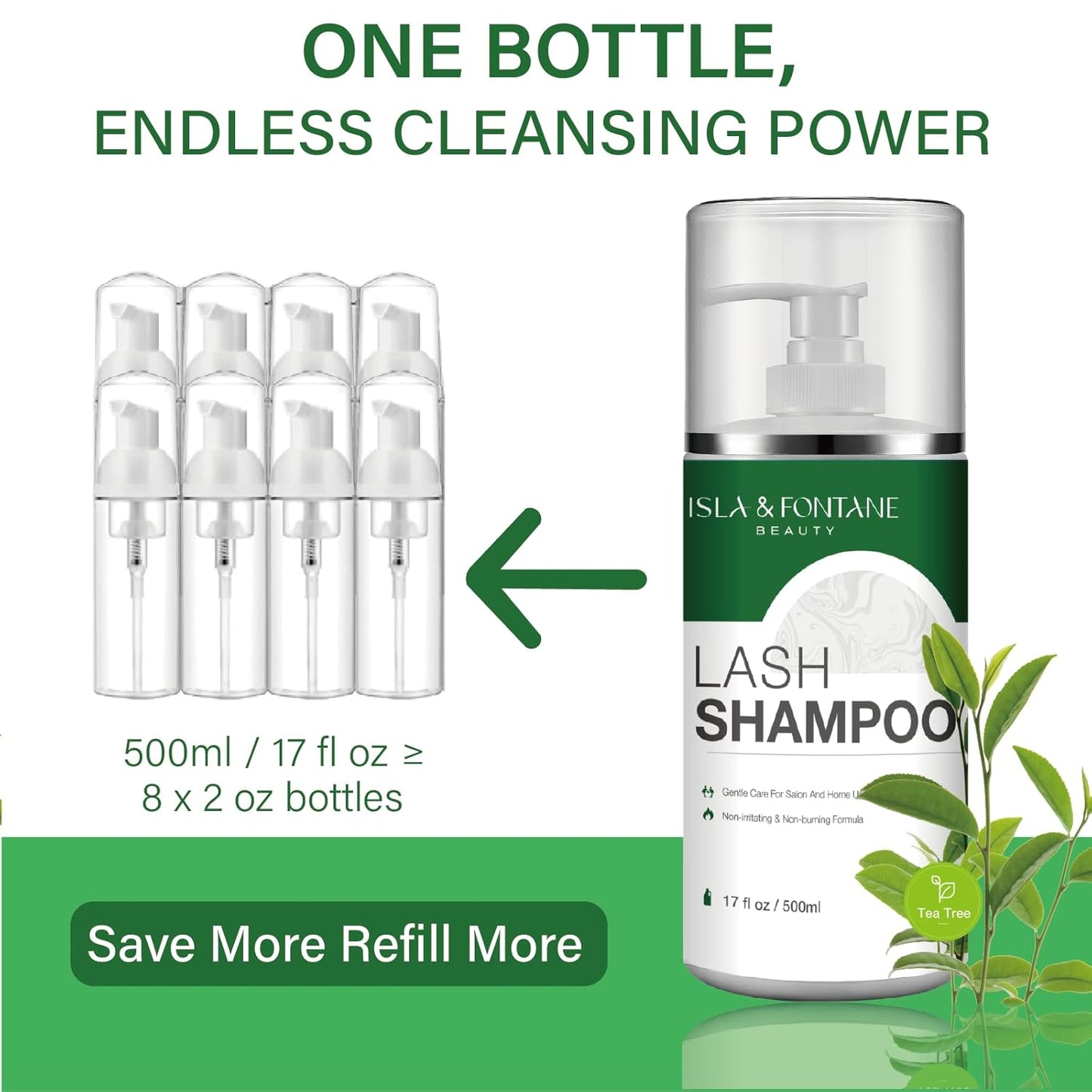 ISLA & FONTANE Lash Shampoo Bulk – Multi-Scent Series – 17 fl oz / 500ml | Gentle Eyelash Cleanser for Lash Extensions | Non-Irritating | Professional Lash Bath Foam For Salon And Home Use (Tea Tree)