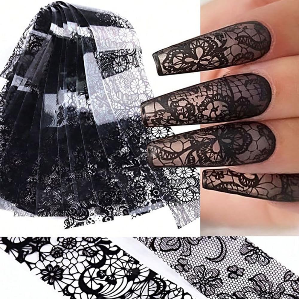 Lace Nail Art Foil Transfer Stickers Black White Flower Foil Transfers Decals Nail Supplies Starry Sky Lace Flowers Nail Foils Nail Art Adhesive Transfer Foils Sticker for Women Girls Manicure Tips
