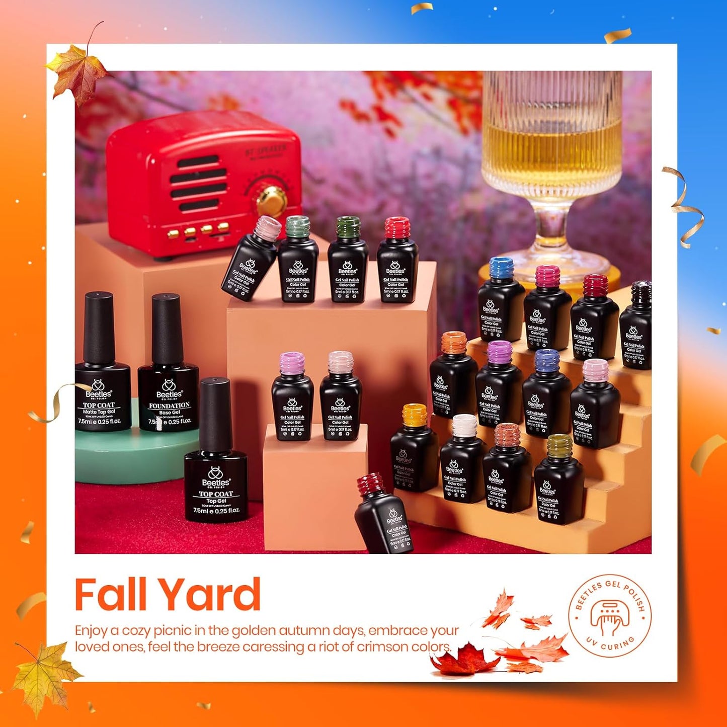 Beetles Fall Gel Nail Polish Set - Fall Yard Gel Polish Kit, 20 Color Orange Burgundy Red Navy Blue Glitter, Soak Off LED UV with Base Top Coat Nail Art Manicure Gift for Women