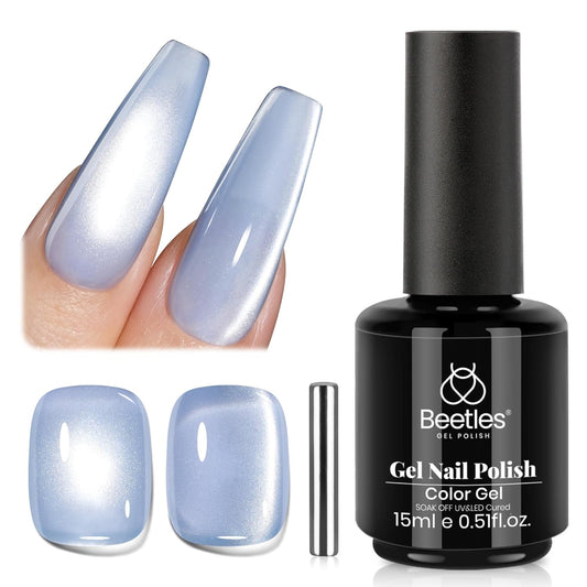 Beetles Blue Cat Eye Gel Polish, 15ML Light Blue Glass Cat Eye Glitter Gel Polish with Magnet Shimmer Translucent Sheer Color Soak Off UV Frosted Galaxy Series French Nail Art Gift for Women